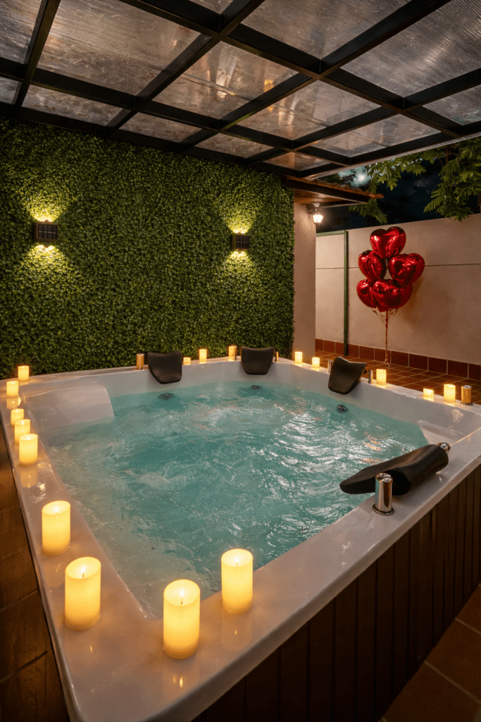 Inicio jacuzzi nocturno con luces cálidas